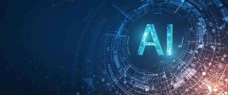 The letters 'AI' at the center of a glowing circular tech interface on a dark blue background