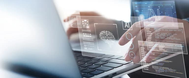 A person typing on a laptop, overlaid with digital interfaces and an AI brain-circuit graphic