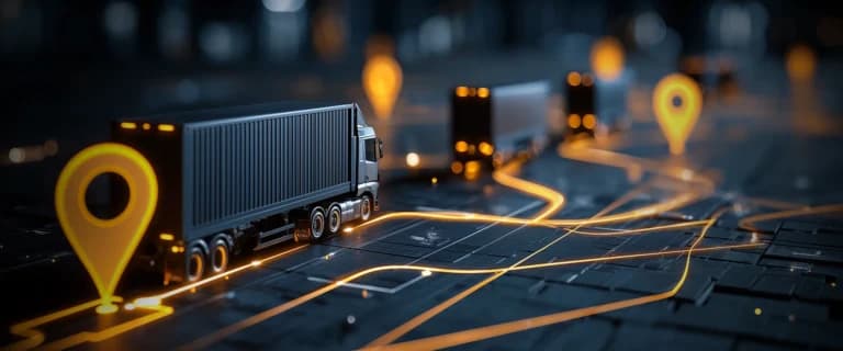 Delivery trucks on a dark digital map with glowing route lines and location pins.
